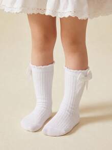 1 đôi tất cao đến đầu gối bằng cotton màu trơn dành cho bé gái, có nơ, kiểu dáng đi học. - trắng - Xem 3