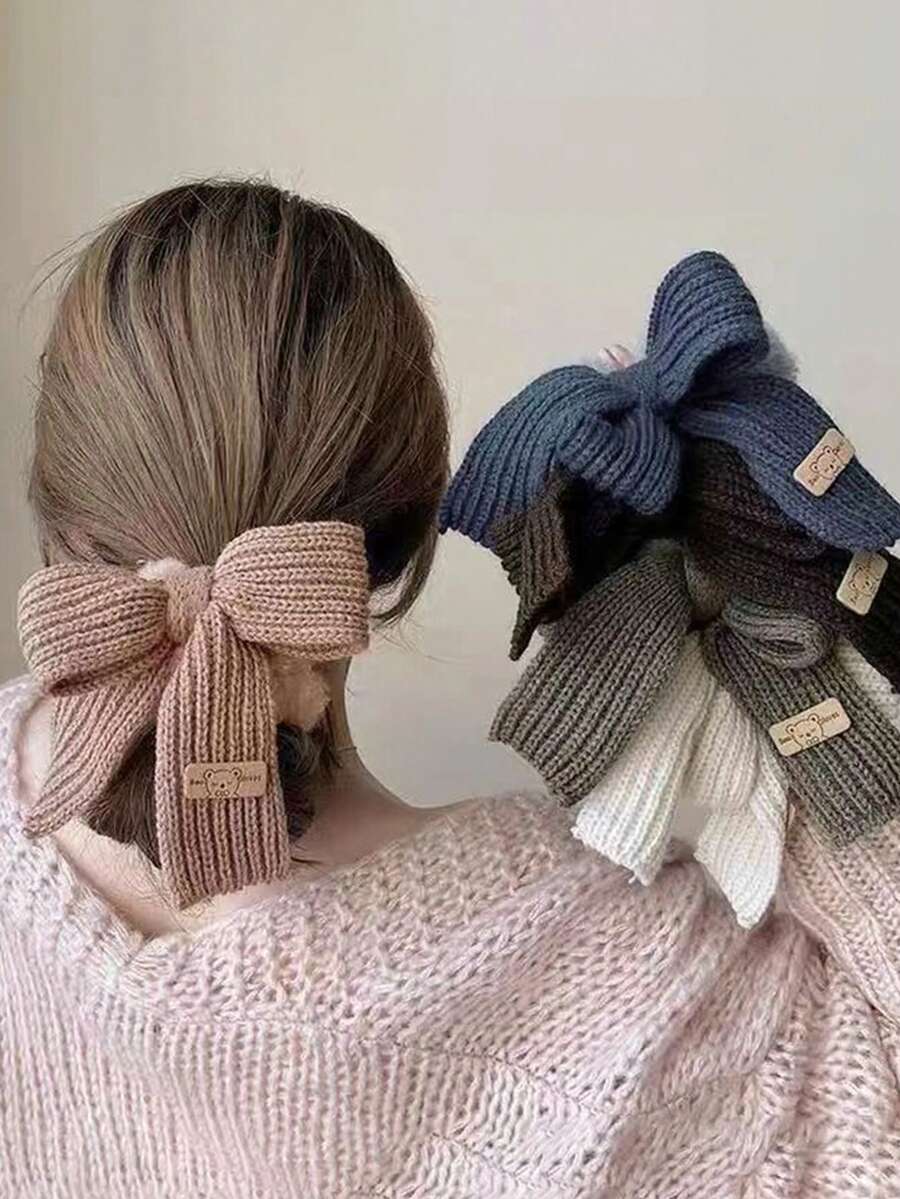 1pc Autumn/Winter Knitted Bow Scrunchie, Cute Fluffy Hair Tie Hair Accessory ,Ponytail Holders ,Hair Elastics ,Hair Rubber Bands ,Hair Rope , - Multicolor - View 1