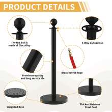 Barandillas con Cuerdas de Terciopelo Negro + Alfombra Roja de 26 Pies, Postes de Acero Inoxidable para Control de Multitudes, Ideal para Bodas y Eventos - 8 - Ver 4