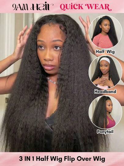 QUICK WEAR Halv peruk Äkta hår 3-i-1 halv peruk Sömlös Kinky Rakt Flip Over Äkta hår Inget lim Inget spets 180 % densitet 14-28 tum Naturlig svart färg Med naturligt hårfäste Nybörjarvänlig Sport Semester Resor Festival Bal Utomhus Cosplay Campus Skola Strand Bröllop Camping Semester Outfits Sommaroutfits Semestervibbar Charm Elegant Casual Y2k Mode Stilar Ss25 Nyckelord