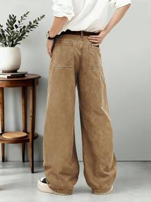 1 pieza Pantalones vaqueros anchos de corte holgado de estilo retro americano para hombre, color marrón, con bordado de elefante de dibujos animados, unisex (cinturón y accesorios no incluidos) - Caqui - Ver 3