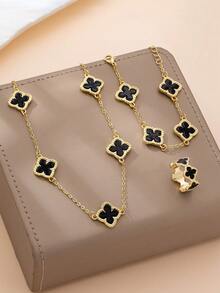 1 Collar de flor, 1 Pulsera de flor, 1 Anillo de flor, Conjunto de joyas de flor de trébol de cuatro hojas de moda casual - Negro - Ver 2