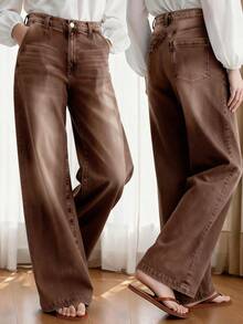 Quần jeans nữ cỡ lớn cạp cao ống rộng màu xanh dương, kiểu dáng thoải mái, ống đứng, thích hợp cho mùa thu/đông/xuân. - Cà phê nâu - Xem 3