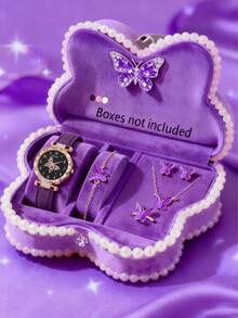 6/1 Set, Niña elegante, Moda sofisticada, Esfera con diseño de mariposa, Reloj de cuarzo elegante, Adecuado para que las niñas lo usen. Se puede combinar con collares, pulseras, anillos y aretes con diseño de mariposa. Adecuado como regalo de cumpleaños/festival para niñas. También muy adecuado para uso diario, como regalos de Navidad, temporada de regreso a clases, fiestas, etc. Temporada de graduación, Día de San Valentín, Navidad - Excelentes regalos para niñas. - Multicolor - Ver 9