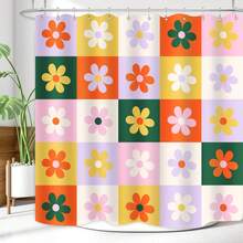 1pc Sweet Checkered Floral Shower Curtain, Cute Checkered Spliced Floral Printed Shower Curtain, Very Suitable For Bathroom Decoration, Universal Room Decoration, Home Decoration Set, Bathroom Accessories Bathtub Curtain