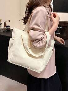 Bolso de lona tipo tote de gran capacidad de la marca X Milania para mujeres, reutilizable, adecuado para uso diario y viajes, bolso de estudiante, diseño de múltiples compartimentos, ideal para la playa - Beis - Ver 8