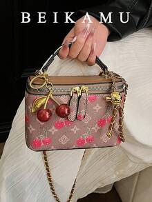1pc BEIKAMU Small Design Handbag Box Type Bag, Fashionable Lipstick & Coin Purse, Elegant Chain Shoulder Crossbody Bag (Comes With Cherry Pendant) - Brown - View 7