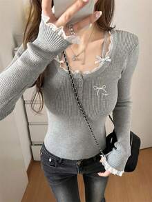 女士蕾丝拼接蝴蝶结高领长袖修身针织衫，秋冬款 - 灰色 - 查看 5