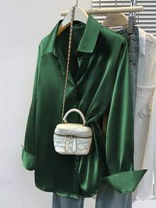 Plus Size Fashion Long Sleeve Shirt With Button Details, Regular Length, Spring/Summer - Green - View 1