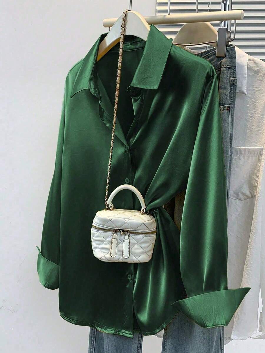 Plus Size Fashion Long Sleeve Shirt With Button Details, Regular Length, Spring/Summer - Green - View 1