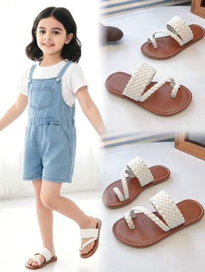 1 par de sandalias planas de boca de pez con punta redonda, tejidas en PU blanco antideslizante y duraderas, adecuadas para niños y niñas de 3 a 15 años, para uso diario, reuniones, viajes, estilo callejero, nueva llegada primavera/verano 2026