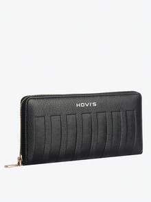 Men Long Zipper Wallet Black Pebble Grain Leather - Gold Zipper Wrist Strap HOVI'S Multi-Layer Layout Large Capacity Phone Holder New Year Gift Valentine's Day Gift