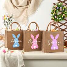 1PC Personalized Easter Bag, Jute Easter Bag, Custom Easter Bunny Bag With Name, Kids Egg Hunt Bags, Easter Basket, Easter Gift Bags - Camel - View 2