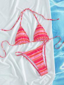 PEPPERMOLLY 2026春夏女士多色条纹比基尼套装 - 复古运动泳装，三角上衣低腰设计，夏季海滩必备，都市海滩风格；一套迷人性感的泳装，完美适用于泳池派对和豪华海滩度假；女士泳装，比基尼 - 彩色 - 查看 4