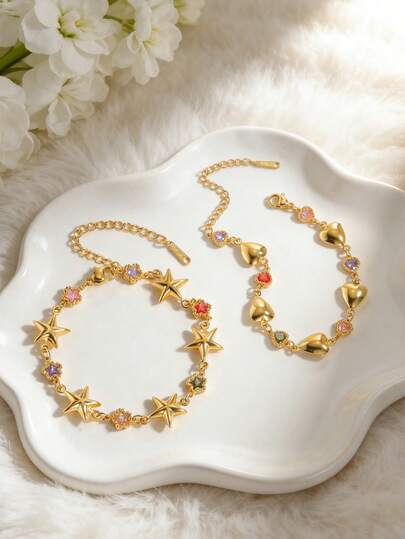 Exquisita pulsera ajustable chapada en oro con encanto de estrella y corazón brillante, con charms coloridos, dulces y lindos, joyería de moda delicada para mujeres y niñas, para uso diario, fiestas, Ramadán, cumpleaños, Día de San Valentín, aniversario