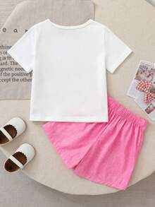 Toddler Girls' Number Print Round Neck Short Sleeve Top And Bow Decor Shorts Set - White - View 2