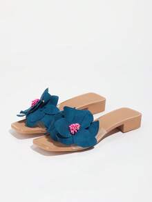 女士时尚高跟凉鞋，花卉装饰，户外拖鞋，派对鞋 - 藍色 - 查看 9