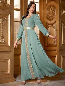 优雅雪纺褶裥长袖V领睡袍，饰有贴花和腰带细节 - 薄荷綠 - 查看 5