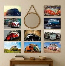 Conjunto 10 Placas MDF - Quadros Decorativos Tema Carros Top Cr Corrida Antigos Velhos Fusca Perua Sporte - 13X20cm - Preto - Visão 1