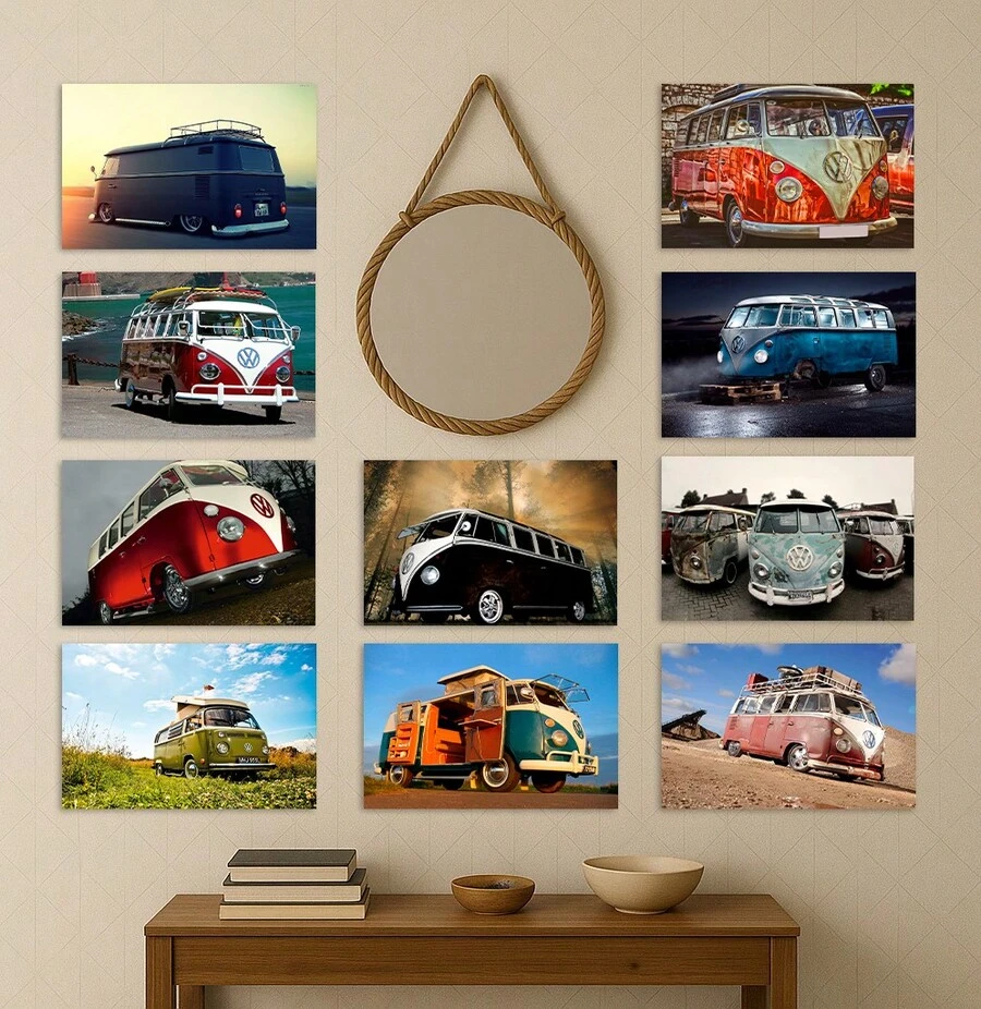 Conjunto 10 Placas MDF - Quadros Decorativos Tema Carros Top Cr Corrida Antigos Velhos Fusca Perua Sporte - 13X20cm - Preto - Visão 1