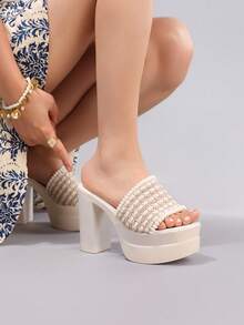 Fashion Thick Sole Waterproof Platform High Heel Open Toe Sandals, Suitable For Ball, Party, Runway, Chunky Heel Slide Sandals For Women - Beige - View 10