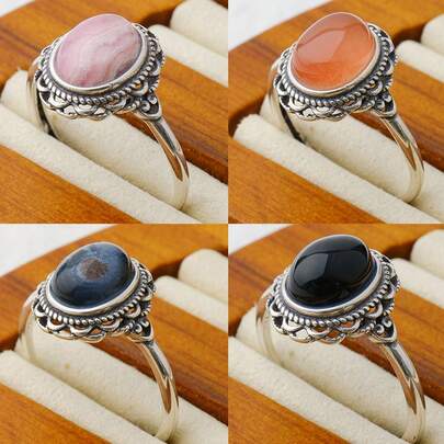 天然宝石925银戒指，复古花卉设计，可调节戒圈，9x7毫米椭圆形宝石，可选石种：紫云石/菱锰矿/彼得石，波西米亚风格珠宝，承诺礼物