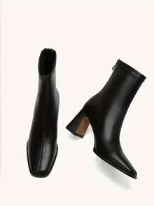 Women's Pointed Toe Side Zipper Anti-Slip Chunky Heel Ankle Boots, New Versatile Commuting Casual Fashion Solid Color High Heel Short Boots - Black - View 4