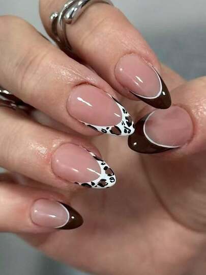 24pcs Almond Shaped Press-On Nails - Sweet Black French Leopard Print French Design Medium Length Artificial Nails, Suitable For Women's Daily Occasions And Special Events, A Perfect Gift For Her, Manicure Technique Gift, Exquisite Nail Art Supplies.