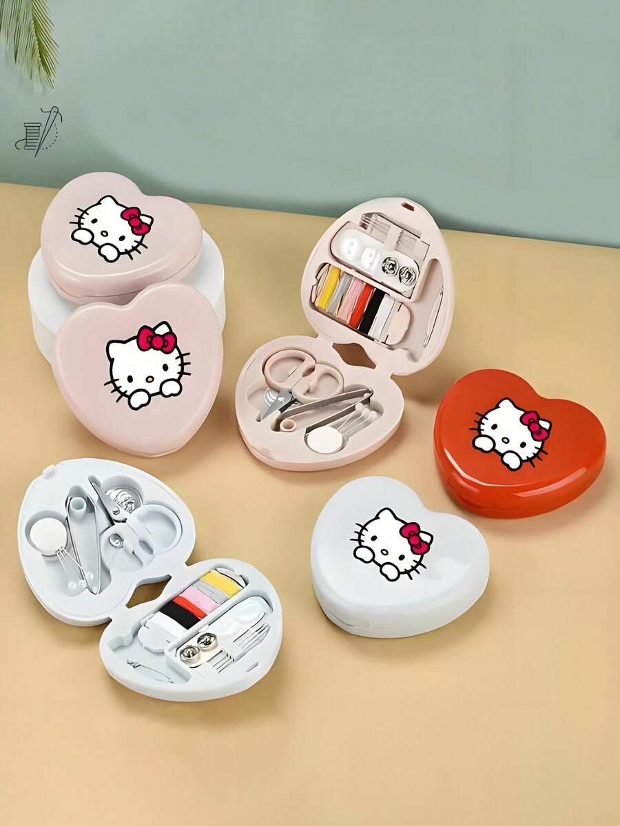 Sanrio Kit de costura de Hello Kitty, caja de almacenamiento en forma de corazón mini, juego de agujas de coser y hilo - Multicolor - Ver 1