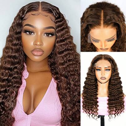 Chocolate Brown Lace Front Wig Human Hair Deep Wave 4x4 Lace Closure Wigs Human Hair #4 Brown Colored Pre Plucked Deep Curly 4x4 Transparent Lace Frontal Wigs 180% Density
