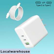 白色美规A/B型插头 110-127V 三口墙式充电器（2个USB-C接口 + 1个USB-A接口）+ Type-C 转 Type-C 数据线套装（白色）兼容苹果 15/16 系列 本地仓库 情人节礼物 - 查看 4
