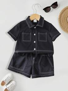两件套男婴衬衫套装，夏季绅士风翻领开衫，新生儿可爱舒适服装，适合户外活动、日常玩耍、休闲聚会、节日礼物 - 黑色 - 查看 4