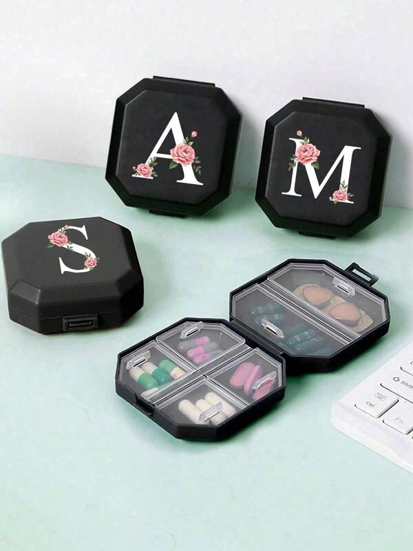 Portable Pill Box With Pink Peony Flower & A-Z Letter Pattern, Pink Peony Flower Design, Portable Medical First Aid Kit, 6 Compartment Capsule Storage Box, Travel Pill Case Medicine Bag Pill Containers Hospital Bag Medicine Organizer Medicine Storage Bag Travel Must Haves Bags For Traveling Holiday Essential