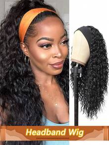 Headband Wig Human Hair Full Machine Made Curly Headband Wig Wet And Wavy Human Hair Wigs With Non Lace Front Wigs No Glue No Sew In Beginner Friendly 180% Density - Natural Black - View 2