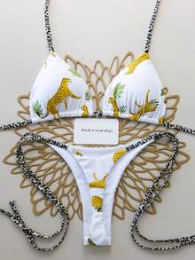 Sultry Sol Bộ 2 món bikini nữ gợi cảm, in họa tiết da báo toàn thân, hở lưng, thích hợp đi biển, nghỉ dưỡng, biểu diễn sân khấu và hòa nhạc, kỳ nghỉ hè, màu trắng. - trắng - Xem 2