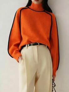 Áo len cổ cao tay dài phối màu thời trang mùa thu mới, thích hợp mặc đi học. - Màu Cam cháy - Xem 3