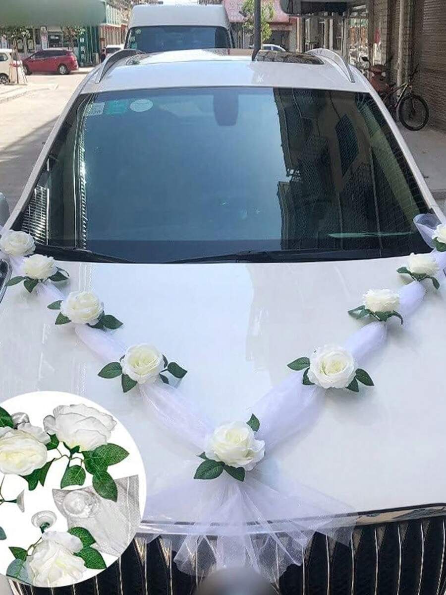 9 bông hồng trắng trang trí xe cưới, hoa giả, trang trí gương chiếu hậu, nơ ruy băng, đạo cụ chụp ảnh hoa, trang trí phía trước xe cô dâu tự làm, trang trí tay nắm cửa, trang trí nhà cửa cho tiệc lễ hội, trang trí đám cưới, ngày Valentine, quà tốt nghiệp