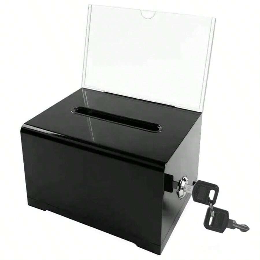 Acrylic Donation Box With Locks &Sign Holder Ballot Suggestion Box Voting Box - Black - View 1