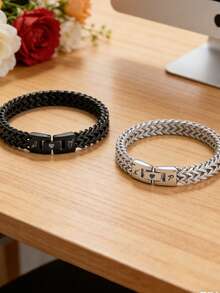 1pc Custom Personalized Stainless Steel Bracelet, Personalized Name Bracelet, Suitable For Men/Women, Personalized Name Bracelet, Stainless Steel Curb Chain, Couple Double-Layer Reversible Bracelet, Fashionable And Simple Couple Bracelet, Suitable For Men/Women, Can Be A Special Ideal Gift For Father's Day, For Husband, Father, Lover, Family, Friends, Son, Grandparents, Suitable For Anniversaries - Multicolor - View 5