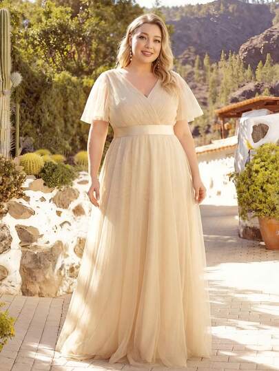 Plus Elegant Tulle Ruched Bust High Waist Bridesmaid Dress Fall Winter Wedding Guest Dress Formal Dresses Mother Of The Bride Dresses For Wedding Party