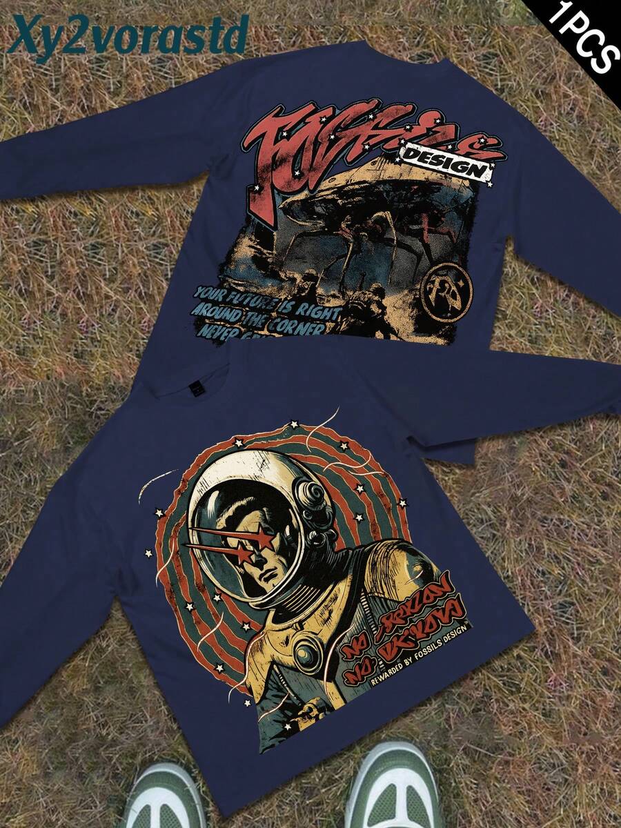 Y2k Astronaut Art Punk Long Sleeve Shirts ,Sky Double-Sided Printing,Christmas Style Graphic T Shirt Cotton,Fashionable Hip-Hop For Men - Long Sleeve T-Shirts, Funny Vintage Shirts,Regular Fit, Street Style, Digital Print, Ideal Gift - 寶藍色 - 查看 1