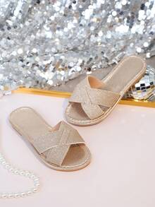 1双亮金色幼儿/儿童平底凉鞋，柔软编织面料，经典露趾设计，防滑鞋底，时尚公主风，适合海滩、派对、度假、室内/室外穿着，2026春夏款 - 玫瑰金 - 查看 6