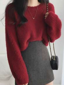 女式纯色马海毛圆领毛衣，秋冬 - 紅色 - 查看 6