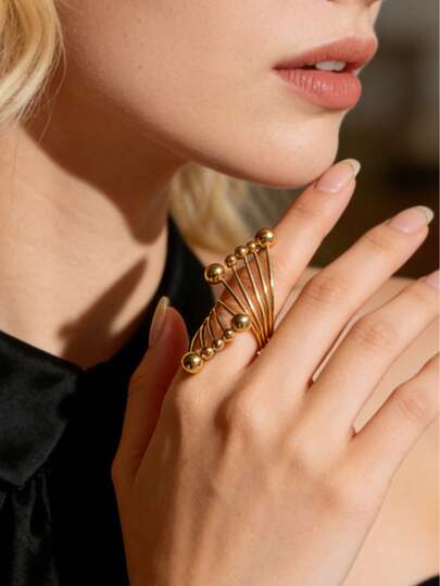 Mazuer 1pc Minimalist Avant-Garde Multi-Line Golden Beaded Ring, 18K Gold Plated Stainless Steel Jewelry For Women, Suitable For Commuting, Office, Party