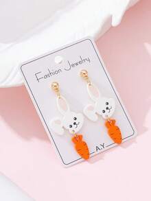 一对创意复活节兔子和胡萝卜印花耳环，时尚百搭，适合节日派对佩戴和作为礼物 - 彩色 - 查看 3