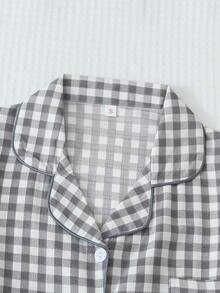 两件套格子印花睡衣套装，甜美可爱翻领纽扣长袖上衣和裤子，女士居家睡衣家居服 - 灰色 - 查看 3