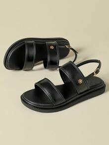 厚底女士搭扣凉鞋，撞色复古度假波西米亚风露趾设计，舒适坡跟平底鞋，适合春季、夏季、海滩、连衣裙、休闲穿着 - 黑色 - 查看 4