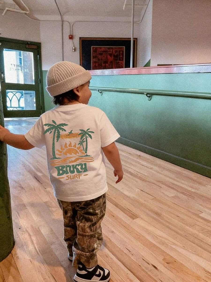 1件婴儿/幼儿男童创意卡通图案字母标语印花基本款圆领短袖T恤，休闲时尚 - 白色 - 查看 1