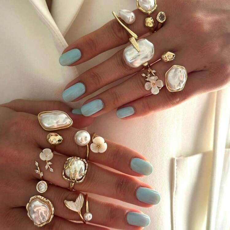 11pcs Baroque Asymmetrical Faux Pearl Ring Set, Vintage French Knuckle Rings, Ideal For Valentine's Day, Party, Birthday, Date Wear - Gold - View 9