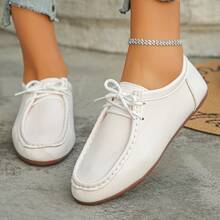 女士系带平底乐福鞋，休闲日常穿着，轻便软底真皮一脚蹬鞋，白色，春季 - 白色 - 查看 5